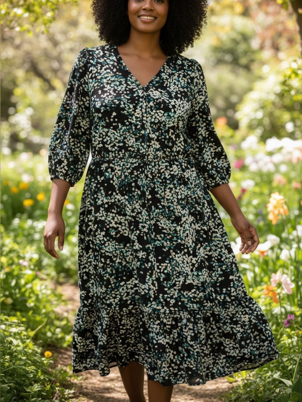 Floral V-Neck Button Down Maxi Dress in Black and Green